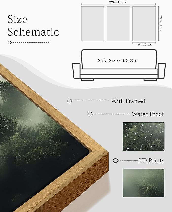 KUVIOKE Morden Green Fog Pine Tree Framed Canvas Wall Art Nature Nordic Forests Artwork Painting Bedroom Decor 24x36in (Natural Framed)