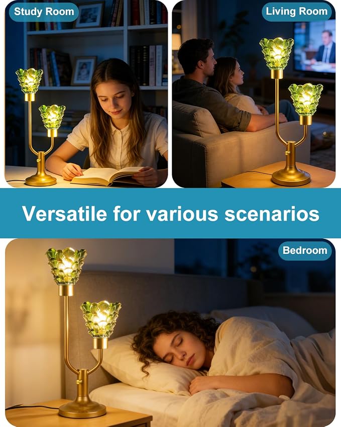 Lightdot Vintage Green Glass Table Lamp for Living Room Dimmable Mid Century Modern Desk Lamp Gold Nightstand Lamp 2 Bulbs Included Warmwhite Ambient Bedside Lamps for Bedroom Home Office Decor Gift