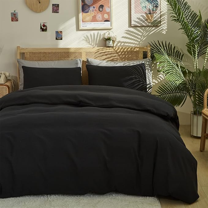 Pureant Black Comforter Full Size Solid Color Bedding Set Women Men Pure Black Quilts Soft Breathable Dark Color Comforter Set 3 Pieces Lightweight Durable Bedding
