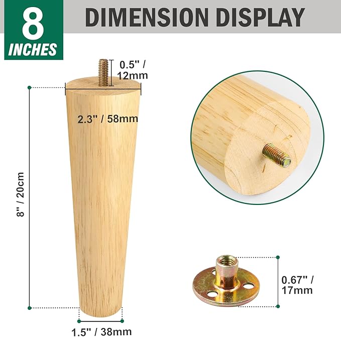 FoDau770 Rubber Wood Furniture Legs 8 Inches, Straight Tapered Wood Feet Mid Century Sofa Legs Set of 4, 5/16" UNC Furniture Feet Replacement Parts for Cabinet Couch Dresser Chair Ottoman Table