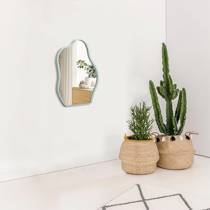 Asymmetrical Cloud Mirror for Wall Modern Wooden Framed Wall Mirror Unique Shape Wall Mounted Vanity Artistic Wavy Mirrors Decorative for Living Room Bedroom Bathroom Entryway