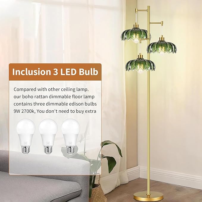 Glass Floor Lamp for Living Room,Bedroom,Gold Mid Century Modern Standing Lamp Brass Tree 3 Light Tall Floor Lamps Vintage Retro Floor Lights Green Flower Lamp Shade Farmhouse Boho Bohemian