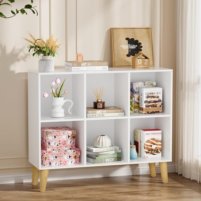 6 Cube Storage Organizer with Legs, 2 Tier Cube Low Bookcase Freestanding Storage Display Organizer for Home Office, Six-Cubes Open Shelf Bookshelf (White, 6 Cube Horizontal)