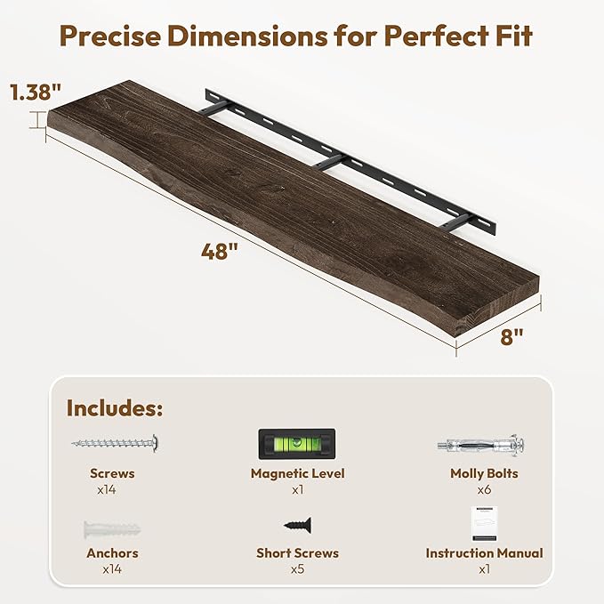 Vivelove Live Edge Floating Shelves for Wall Solid Elm Wood, Rustic Farmhouse Wall Shelf with Invisible Bracket for Living Room Bedroom Bathroom Office Book, 48 Inches - Set of 1 - Dark Walnut
