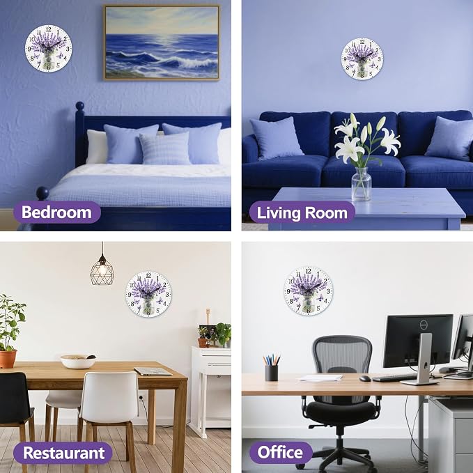 peacoblue Wall Clocks Battery Operated 12 Inch Lavender with Butterflies 12" Glass Round Wall Clock Non Ticking for Kitchen Living Dining Room Bedroom and Bathroom Decor (Battery not Included)
