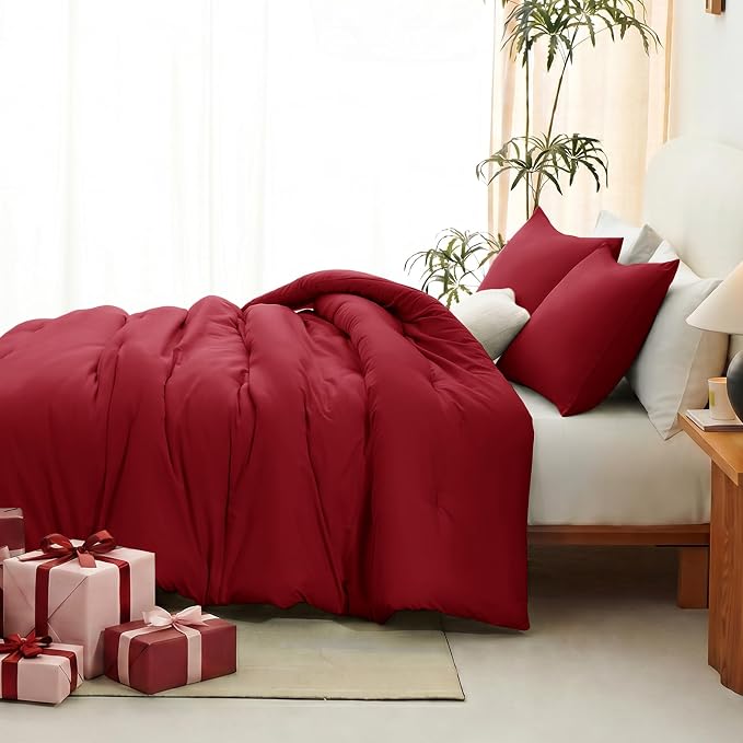 CozyLux Twin Comforter Set College Dorm Essentials, 2 Pieces Dark Red Twin Extra Long Solid Bedding Sets, Twin XL Bed Set with Down Alternative Comforter and 1 Pillowcase, Back to School Room Gift