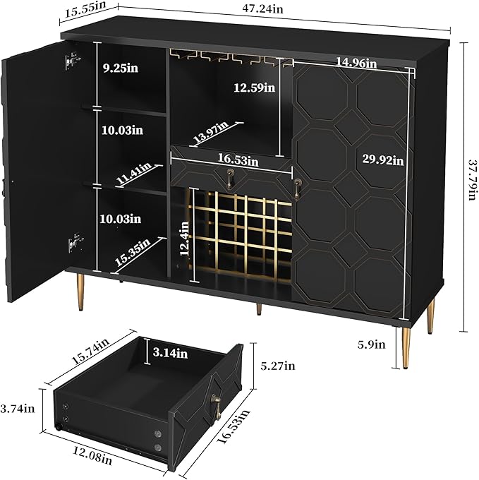 Modern Bar Cabinet with Drawer, Liquor Cabinet with Wine Glass Racks and Shelves, Geometric Door Buffet Sideboard for Dining Room, Living Room, Kitchen, Black