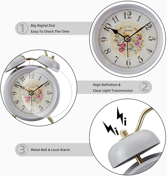 rjuwurv 4in Loud Alarm Twin Bell Alarm Clock, Night Light, Desk Clock, Bedroom Alarm Clock (Gray Rural)