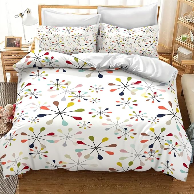 Mid Century Bedding Set,Modern Geometric Atomic Abstract Iconic Pattern 1950s 1960s Retro Style Comforter Set with Pillowcase for Bedroom Bed Decor，Twin 86"x70"
