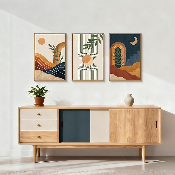FWIEXA Vintage Boho Nature Framed Canvas Wall Art Set of 3, Minimalist Geometric Sun Moon Line Wall Prints, Abstract Green Leaf Painting, 24x36In Modern Beige Navy Blue Artwork for Living Room,Bedroom