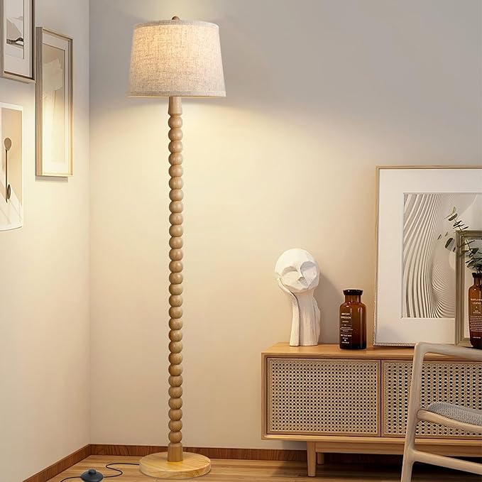 Real Wood Floor Lamp for Living Room,Real Wood Standing Lamp with 3 Color Changing Bulb Included, Tall Lamp with Linen Shade,Farmhouse Floor Lamp for Living Room,Bedroom,Corner,Dining Room and Office