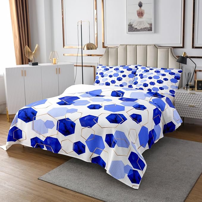 Erosebridal Blue Geometric Coverlet Set | Royal Blue Modern Abstract Kids Quilt Set Geometric Marble Art Bedspread Sets Twin | Watercolor Hexagon Aesthetic Bedding Sets for Men Women