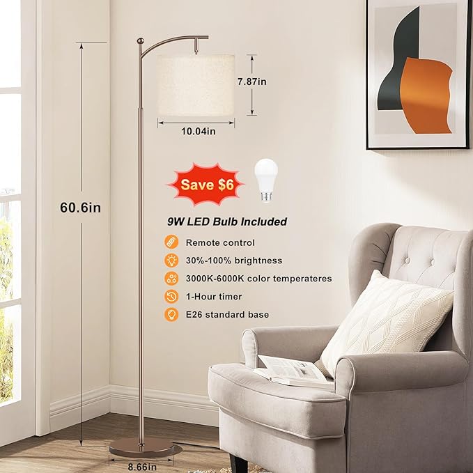 Ambimall 60" Floor Lamps with Remote Control & Bulb, Colors Temperature & Brightness Adjustable, Deep Beige Shade & Brown Pole