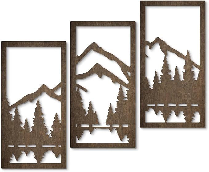 Putuo Decor 3-Piece Mountain Forest Wood Wall Art Set, Natural Wall Art Decor, Minimalist Wall Sculpture for Cabin Bedroom Entryway Living Room