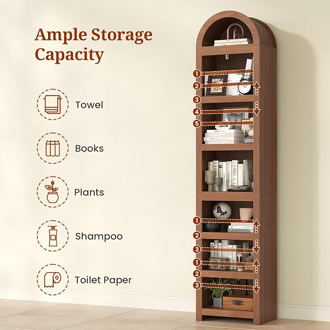 UPOSOJA 76" Tall Narrow Arched Bookcase,7-Teir Mid-Century Modern Bookshelf,Adjustable Shelves offering More Storage Space for Living Room,Kitchen,Home Office (Brown, Narrow)