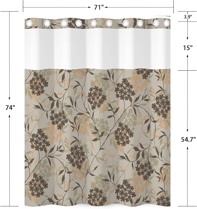 No Hook Shower Curtain with Snap in Liner Set - Neutral Botanical Floral Pattern Shower Curtains for Modern Farmhouse Bathroom, Waterproof Bath Tub Curtain with Mesh Top, 71Wx74H