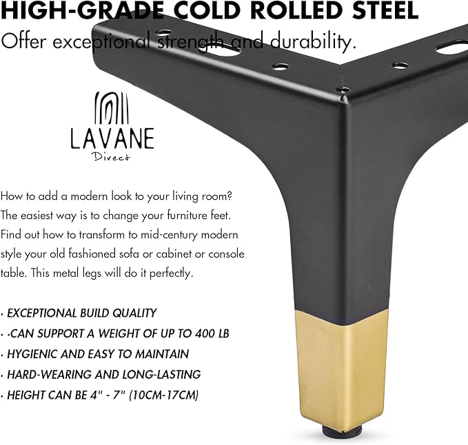 La Vane 7 Inch Metal Furniture Legs, Set of 4 - Modern Diamond Triangle Black/Gold DIY Replacement Feet Corner Legs for Cabinet, Sofa, Sideboard, Couch, Dresser Makeover