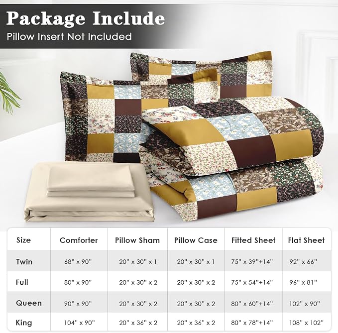 WeCozy 7 Pcs Queen Size Comforter Set with 2 Pillowcases & 2 Shams, Vintage Boho Floral Bedding for Kids and Adults, Blossom Flower Patchwork Bed in a Bag with Flat Fitted Sheet