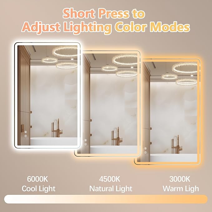 Niccy 24"x36" LED Bathroom Mirror, Rectangle Vanity Mirrors with Lights, Frontlit & Backlit Lighted Vanity Mirror, Memory Funtion, 3 Colors & Stepless Dimmable, Anti-Fog, Horizontal/Vertical