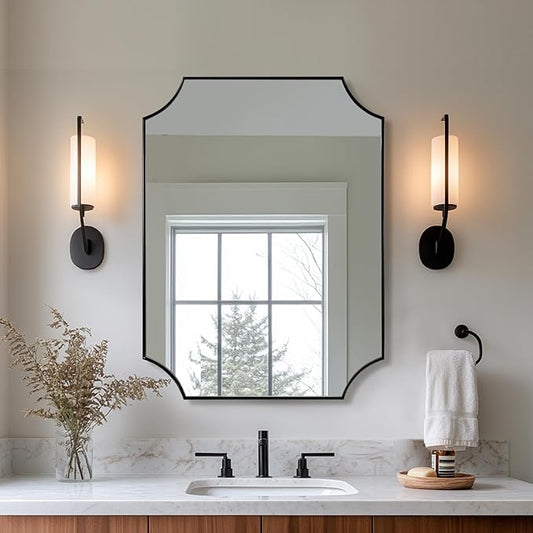 ANDY STAR Bathroom Mirror for Over Sink, 24x32 Inch Black Vanity Mirror, Scalloped Mirrors for Bathroom, Modern Wall Mirror with Aesthetic Scalloped Corner Design, Wall Mount Vertical or Horizontal