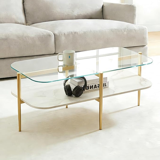 Shrine Oval Coffee Table, Mid-Century Modern Design, 2-Tier Structure, Clear Glass Top and White MDF Shelf, 41" D x 21" W x 17" H, Sleek Conical Metal Legs with Gold Finish