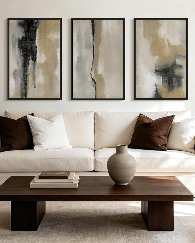 KUVIOKE Black Gray Abstract Framed Wall Art Neutral Wall Decor Minimalist Modern Illustrations Art Print for Living Room Bedroom 16x24in (Black Framed)