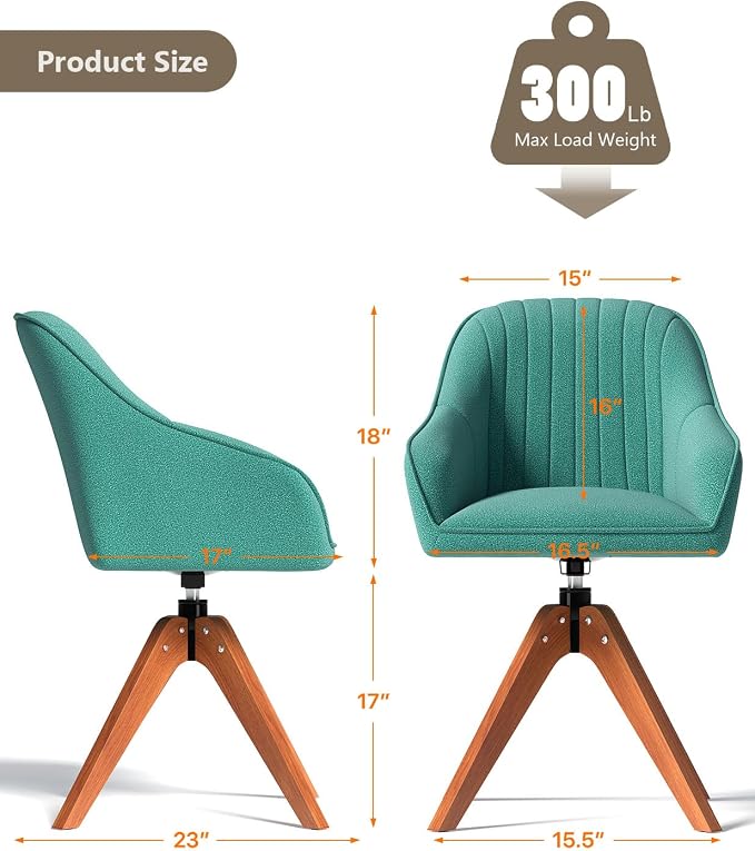OS MOTOR Modern Swivel Accent Chair with Arms, Upholstered Desk Chair No Wheels, Mid-Century Fabric Armchair with Oak Wood Legs for Home Office, Bedroom, Vanity, Green