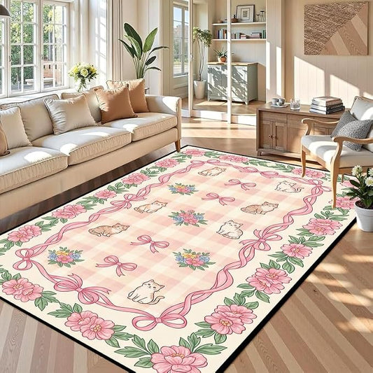 6'x9' Cat Floral Area Rug Pink Bow Flower Carpet Washable Rug Cute Cartoon Boho Floor Mat for Bedroom Living Room Nursery Playroom Classroom Home Decor
