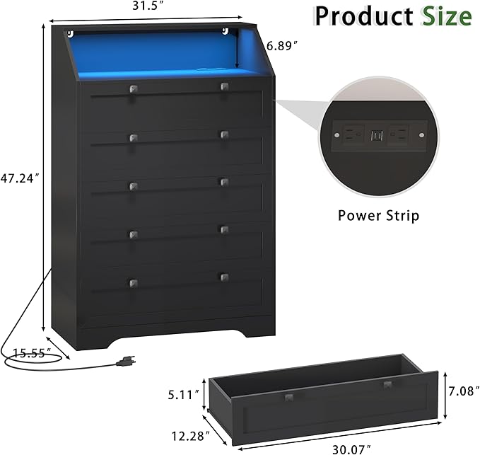 Black Dresser Tall 5 Drawer Dresser for Bedroom, Wood Chest of Drawers with LED Lights, Charging Station, Metal Handles, Modern Storage Cabinet and Organizer Drawers for Living Room, Hallway