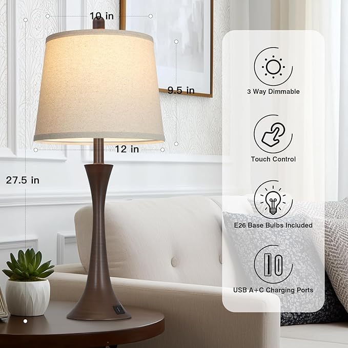 Rinweey 27.5" Table Lamps Set of 2, Touch Bedside Lamps with USB C+A Ports, 3 Way Dimmable Nightstand Lamps for Bedroom, Living Room, Office, Brown Lamp with Beige Lampshade, Bulbs Included
