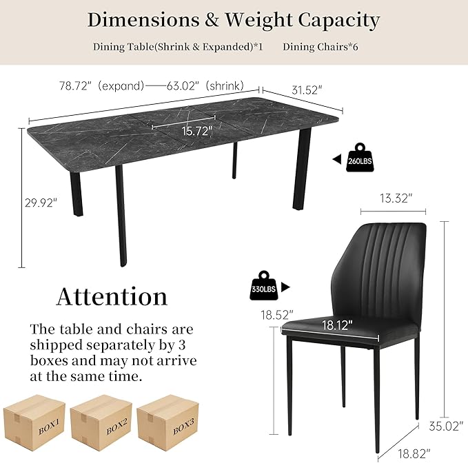 Extendable Dining Table Set for 6-8 People, 63 to 78.7 Inch MDF Kitchen Table with 6 Faux Leather Dining Chairs, Space-Saving for Dining Room, Breakfast Nook (Dark Grey Table & 6 Black Chairs)