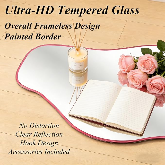 Irregular Mirror Full Length, 67"x31" Pink Asymmetrical Tempered Glass Wall Mirror, Large Organic Frameless Mirrors for Entryway Hallway Bedroom Living Room, Horizontal or Vertical Hanging