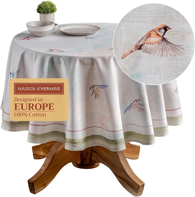 Maison d' Hermine Table Cloth Round Table 100% Cotton 63 Round Inches Tablecloth Reusable Decorative for Dining Room Farmhouse Home Valentines Day Decorations Spring Summer - Flying Birds