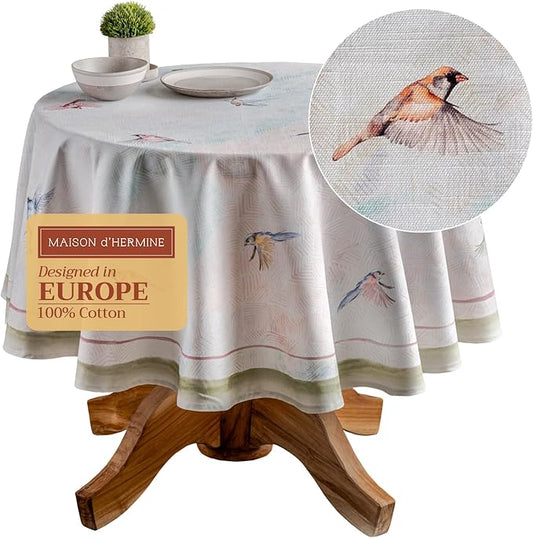 Maison d' Hermine Table Cloth Round Table 100% Cotton 69 Round Inches Tablecloth Reusable Decorative for Dining Room Farmhouse Home Valentines Day Decorations Spring Summer - Flying Birds