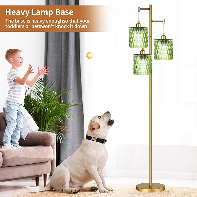 Gold Floor Lamp for Living Room Bedroom,3 Lights Vintage Tree Floor Lamps with Green Glass Shades,Mid Century Modern Floor Lamp for Corner Office,68IN Unique Tall Standing Lamp with Bulbs