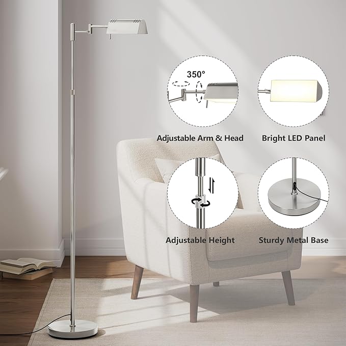 SUNMORY Dimmable LED Pharmacy Floor Lamp, 16W/1500LM Bright Reading Floor Lamp with Remote & Touch Control, 350°Swing Arm, Adjustable Task Craft Standing Lamp for Living Room Bedroom Office, Nickel