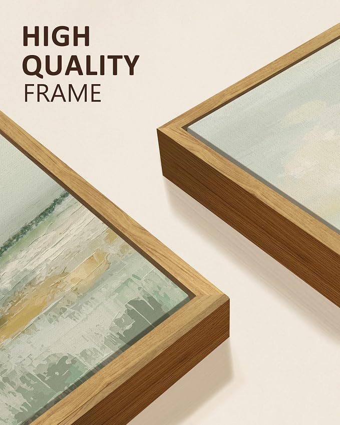 KUVIOKE Abstract Landscape Framed Canvas Wall Art Tan Green Pastel Wall Decor Modern Illustration Art Painting Nordic Calm for Livingroom Bedoom 12x16in (Natural Framed)