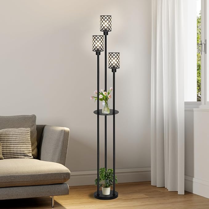 Gold Floor Lamps for Living Room, Standing Floor Lamp with shelves, Tall Lamp with Table, Modern Mid Century Floor Lamp with E26 Base, Coner Crystal Floor Light for Bedroom (Without Bulb) (Black)
