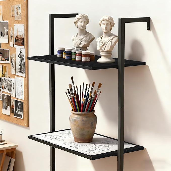 4 Tier Industrial Ladder Bookshelf 15.74" Dx9.44 Wx49.99 H, Wall Mounted Bookcase with Metal Frame for Home Office, Living Room, Study，Black