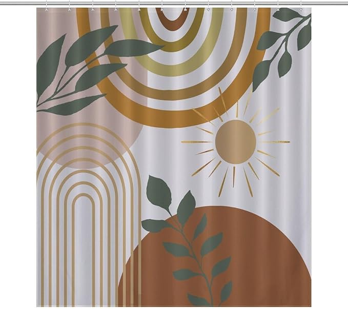Mid Century Shower Curtain,Boho Modern Abstract Minimalist Gold Sun Bathroom Curtain Polyester Waterproof Fabric Decor 66x72in（168x183cm）