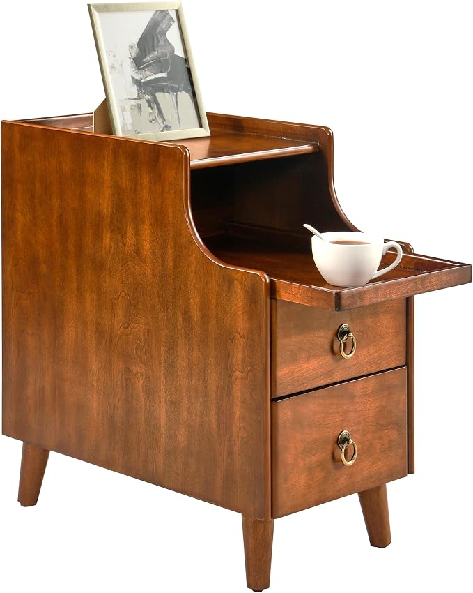 Solid Hardwood End Table with 2 Drawers, Traditional Beside Table with Pull-Out Coffee Tray, Modern Vintage Sofa Chair Side Table Nightstand for Living Room Bedroom, Cherry Brown Accent Table BGA1359