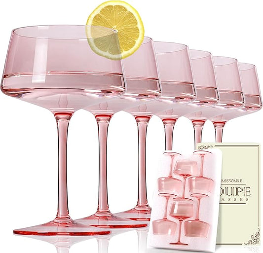 JOVGANK Pink Martini Glasses Set of 6 – 13oz Lead-Free Crystal Glass, Hand-Blown Classic Champagne & Cocktail Luxury Cups, Elegant Glassware for Party Home Bar Wedding Gift for Ice Cream Dessert
