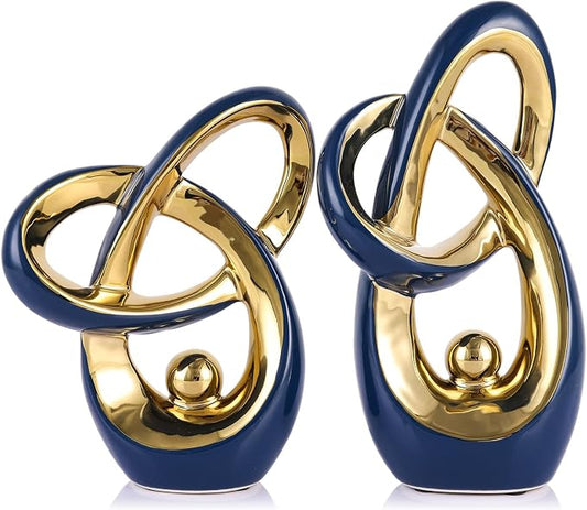 Blue Gold Modern Abstract Art Home Accents, Coffee Table Decor for Living Room, Table Centerpieces for Dining Room, Ceramic Sculptures for TV Stand Decor