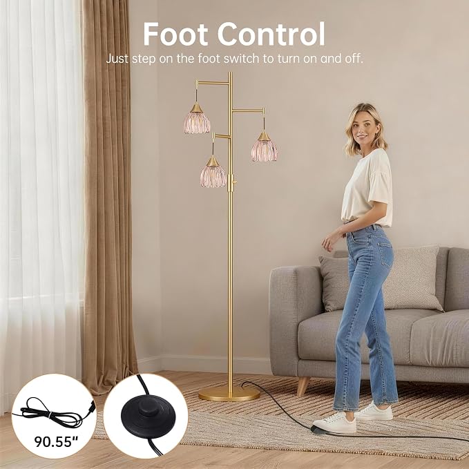 Shenmoyl Stepless Dimming Floor Lamps for Living Room, Bedroom, Gold Standing Lamp with 3pcs 6W Bulbs, Vintage Brass Floor Lamp for Corner, Nursery (Pink Tulip)
