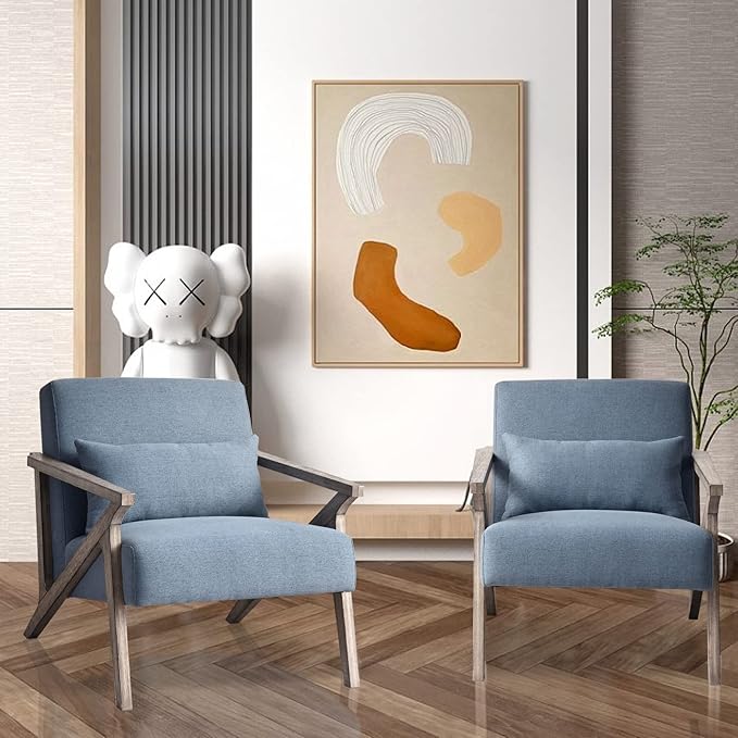 INZOY Mid Century Modern Chair with Wood Frame, Upholstered Armchair with Waist Cushion, Accent Chair for Living Room Bedroom Apartment, Easy Assembly, Blue