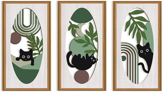 Celestdeco Boho Black Cat Wall Decor,Green Boho Wall Art,Mid Century Modern Decor Kitty,Abstract Geometric Line Artwork Cats,Green Plants Bohemian Botanical Cat Wood Art for Home Bedroom Living Room