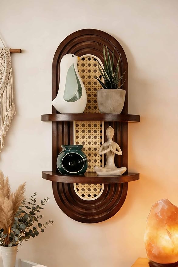 2-Tier Woven Rattan Floating Shelves, Mid-Century Modern Boho Vintage Wooden Wall Decor Plant Shelf for Living Room, Bedroom, Bathroom, Home Office, Ideal for Small Planters & Accents (Walnut)