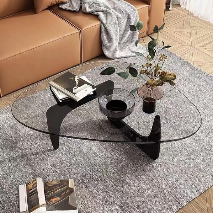 Modern Coffee Table for Living Room, 35.8" Minimalist Black Center Table with Triangle Tempered Glass & Sturdy Solid Legs, Unique Tea Tables, Cheap
