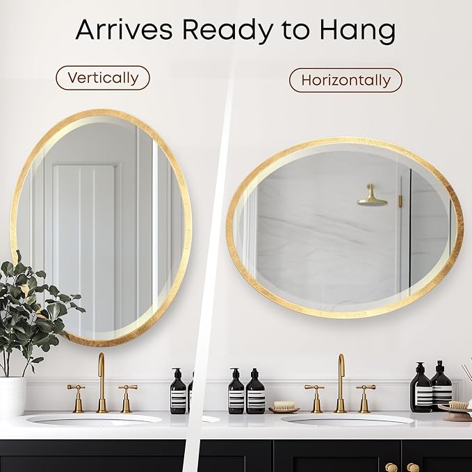 OVALCREST - Oval Wooden Beveled Wall Mirror for Home Decor, Bathroom, Vanity, Bedroom, Living Room, Hallway - London Style (Gold Leaf) 25.1 x 19.1