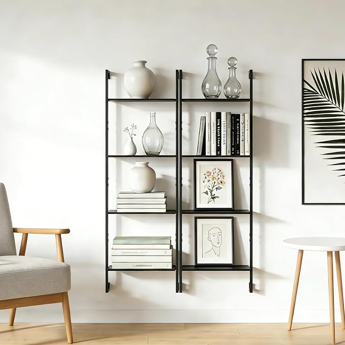 4 Tier Industrial Ladder Bookshelf 15.74" Dx9.44 Wx49.99 H, Wall Mounted Bookcase with Metal Frame for Home Office, Living Room, Study，Black